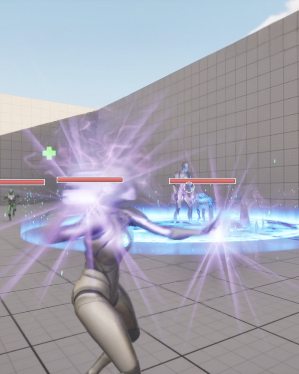 Screenshot of the adaptive boss battle system in Unreal Engine 5, featuring a dynamic boss and swarming enemies