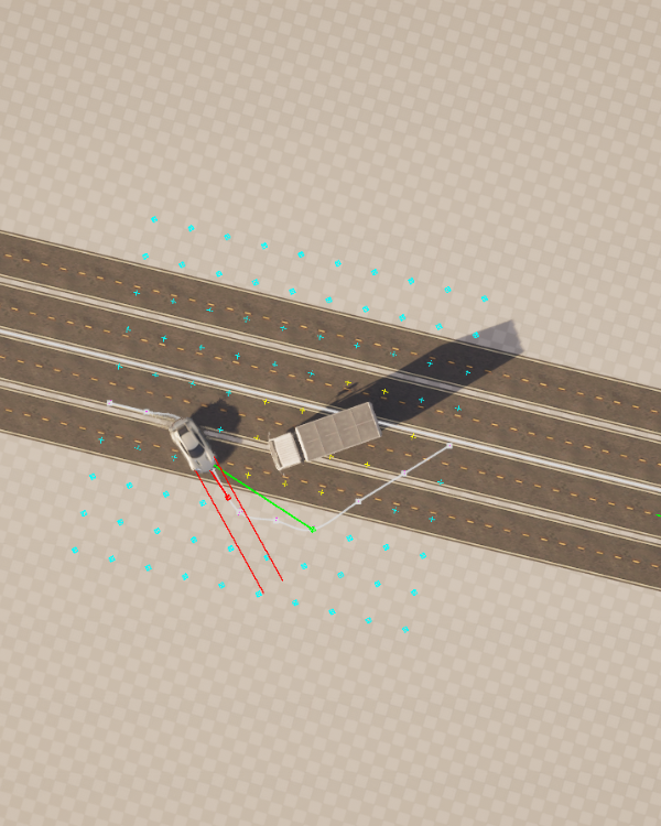 Screenshot of the dynamic road and traffic system in Unreal Engine 5, showcasing procedural roads and AI-driven cars